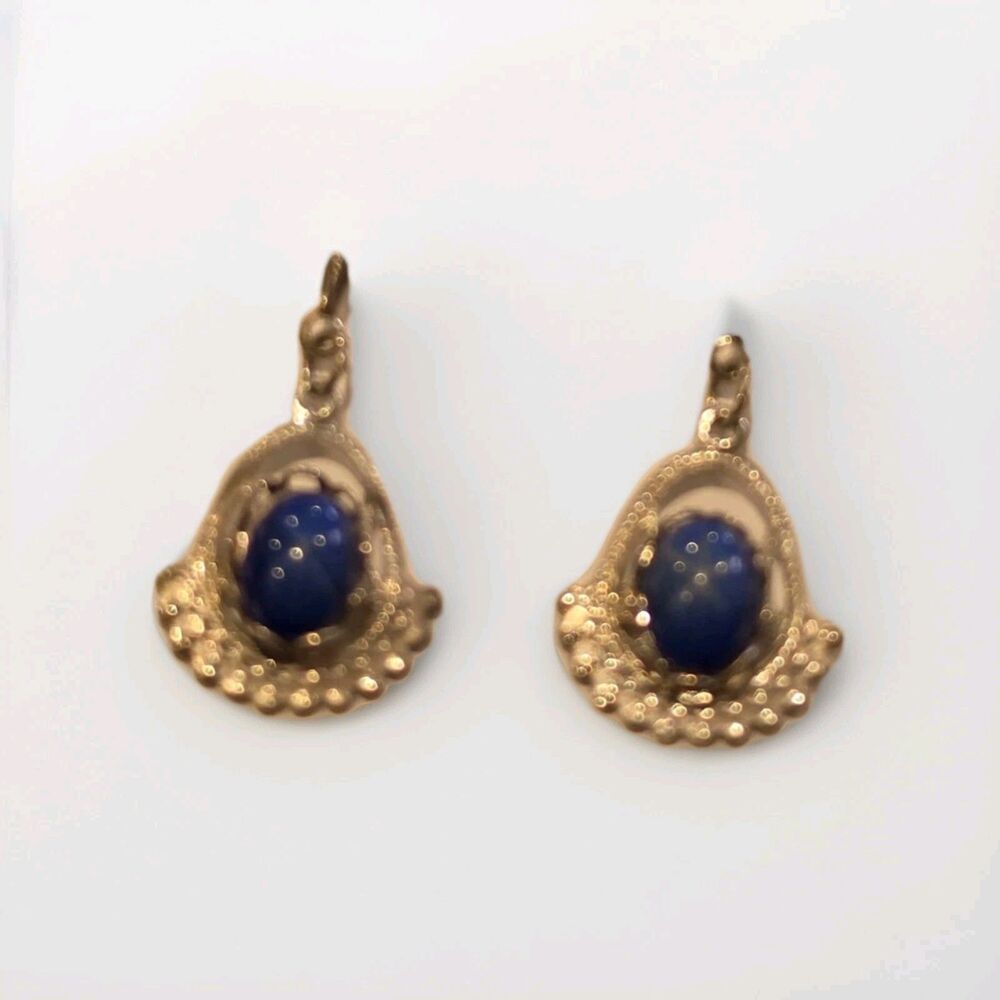 "Vintage Silver Filigree Teardrop Dangle Earrings Blue Cabochon Boho Post Back